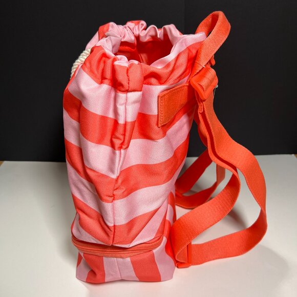 Victoria Secret Backpack Cooler Pocket Beach Bag Logo Drawstring Stripped Pink - Picture 6 of 14